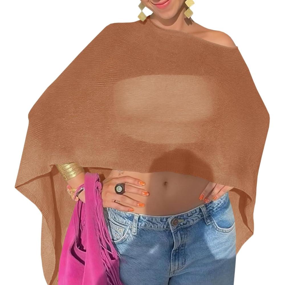 image:imageFisoew Women Sheer Poncho Top Lightweight Knit Crochet Summer Shrug Bolero Off Shoulder Going Out Beach Cover upCamel