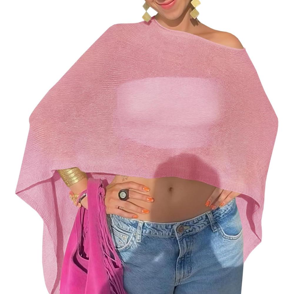 image:imageFisoew Women Sheer Poncho Top Lightweight Knit Crochet Summer Shrug Bolero Off Shoulder Going Out Beach Cover upPink