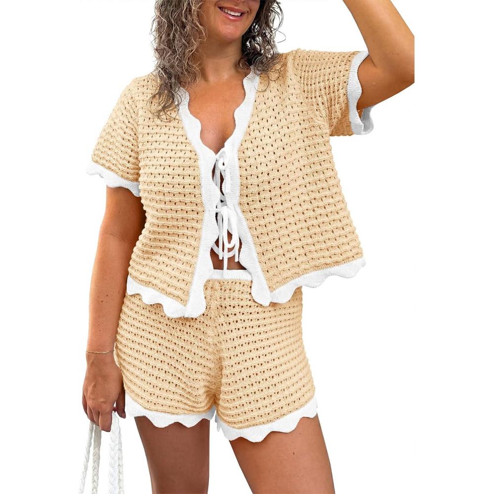 image:imageFisoew Womens 2 Piece Swimsuit Crochet Cover Up Short Sleeve Tops Tie Front Shorts Sets Summer Beach Vacation OutfitApricot