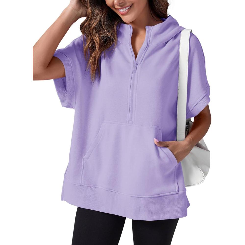image:imageFisoew Womens Oversized Half Zip Hoodies Short Sleeve Casual Sweatshirts Pullover Tops with PocketsViolet