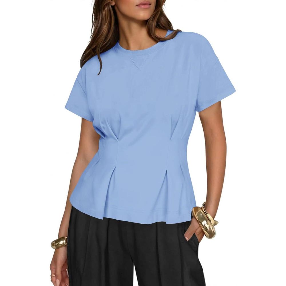 image:imageFisoew Womens Peplum Tops Short Sleeve Babydoll Summer T Shirts Casual Crop Crew Neck Pleated Blouses Blue