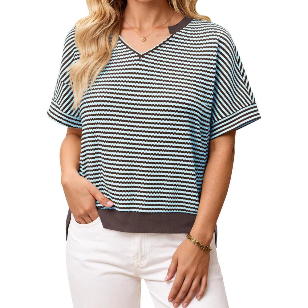 image:imageFisoew Womens Short Sleeve Sweater Summer V Neck Striped Pullover Tops Casual High Low Loose Slit Cropped T ShirtsBlue