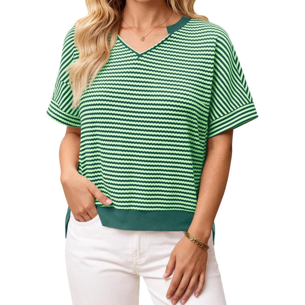 image:imageFisoew Womens Short Sleeve Sweater Summer V Neck Striped Pullover Tops Casual High Low Loose Slit Cropped T ShirtsGreen