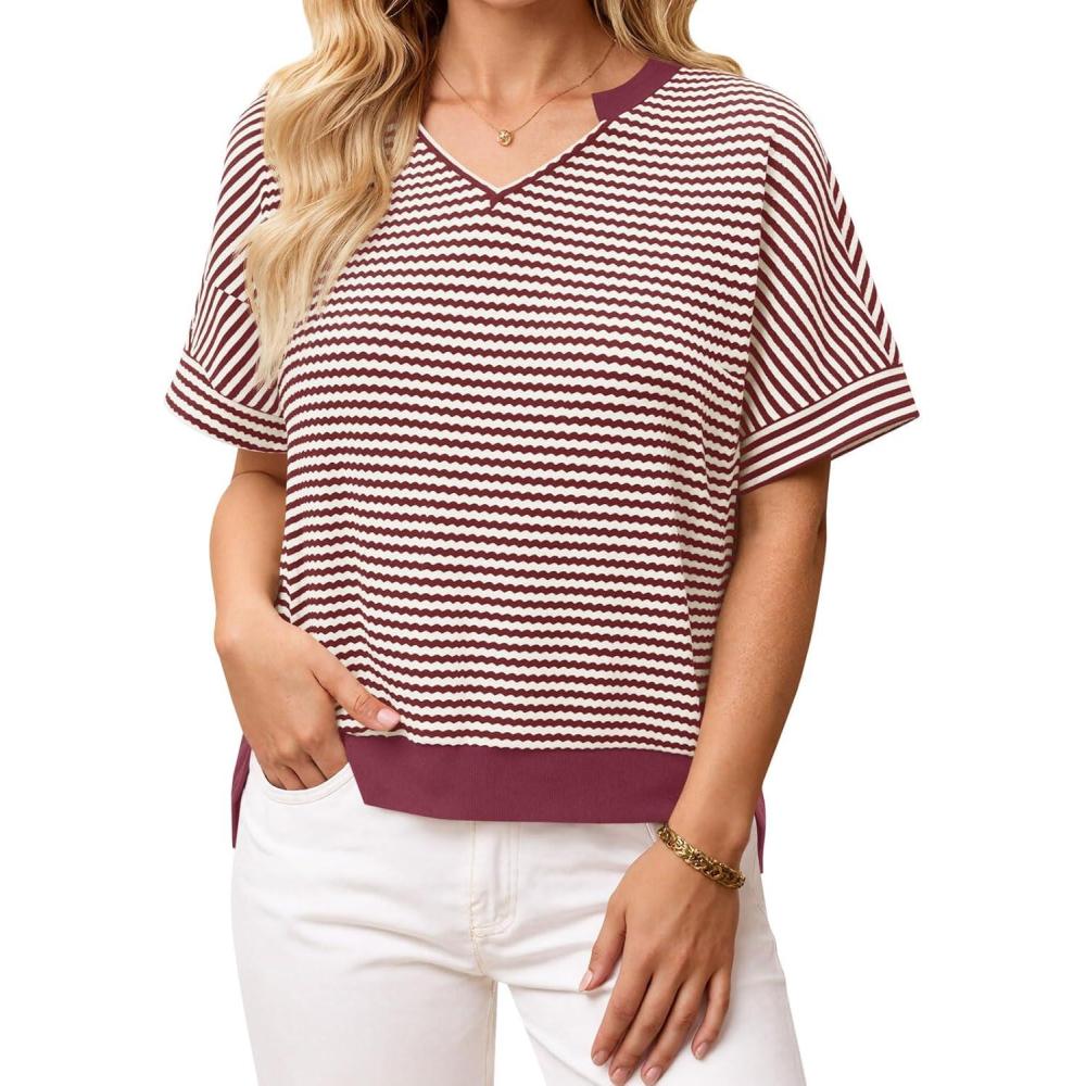 image:imageFisoew Womens Short Sleeve Sweater Summer V Neck Striped Pullover Tops Casual High Low Loose Slit Cropped T ShirtsRed