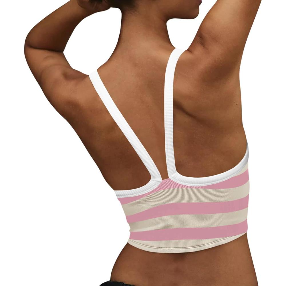 image:imageFisoew Womens Striped Crop Sleeveless Tank Tops Scoop Neck Crossed V Racerback Cami Workout Yoga Athletic Sports Tops Pink