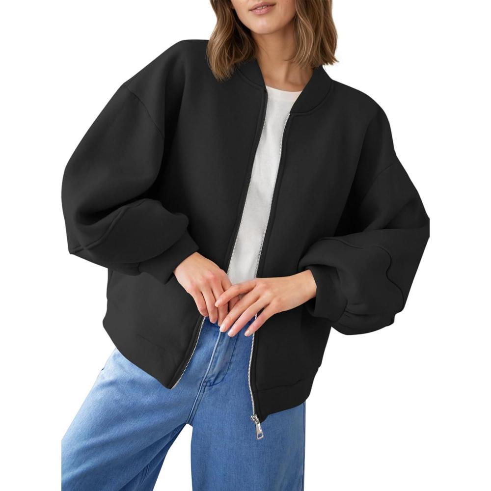 image:imageFisoew Womens Zip Up Sweatshirt Casual Bomber Jacket Lantern Sleeve Oversized Jacket Fall Outfits 2025Black