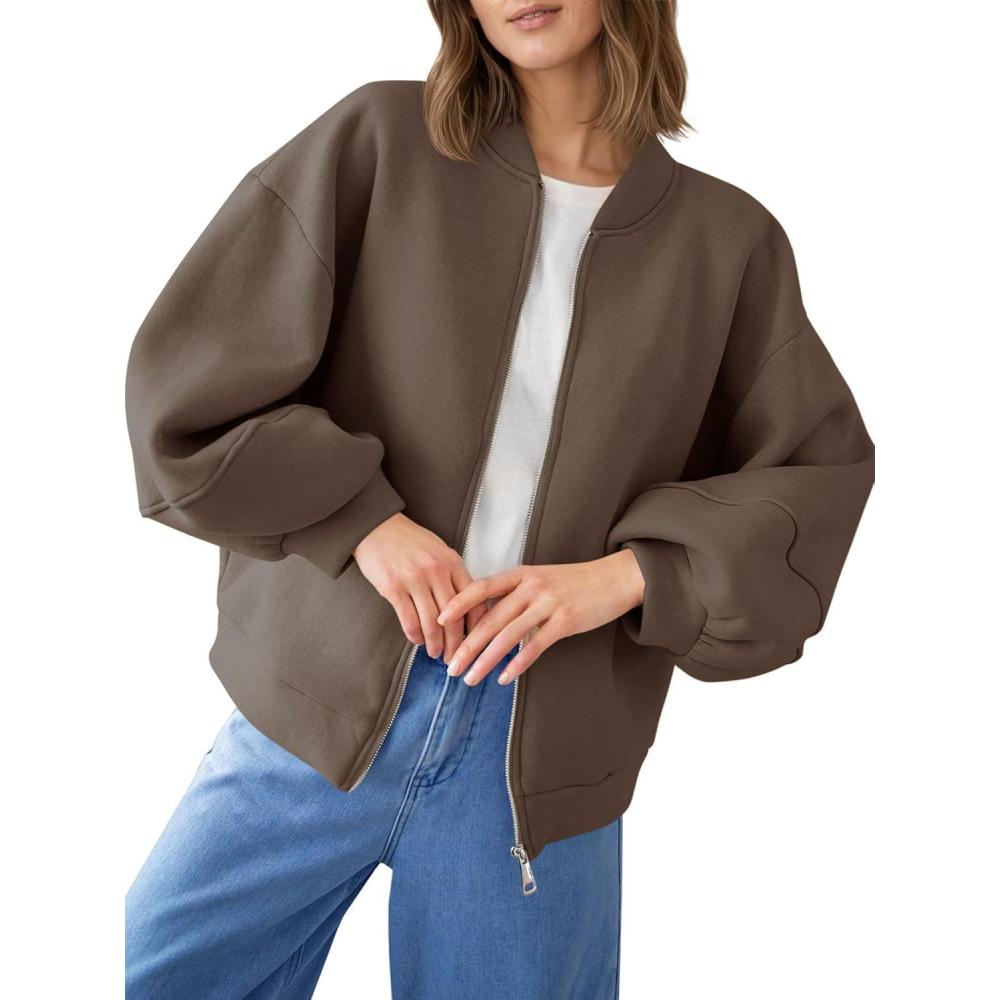 image:imageFisoew Womens Zip Up Sweatshirt Casual Bomber Jacket Lantern Sleeve Oversized Jacket Fall Outfits 2025Coffee