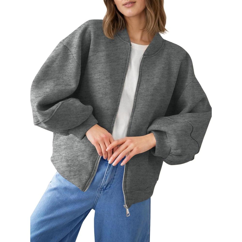 image:imageFisoew Womens Zip Up Sweatshirt Casual Bomber Jacket Lantern Sleeve Oversized Jacket Fall Outfits 2025Dark Grey