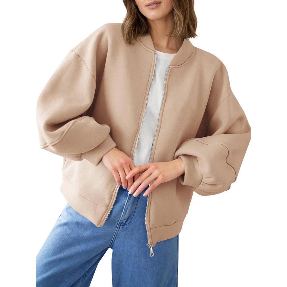 image:imageFisoew Womens Zip Up Sweatshirt Casual Bomber Jacket Lantern Sleeve Oversized Jacket Fall Outfits 2025Khaki