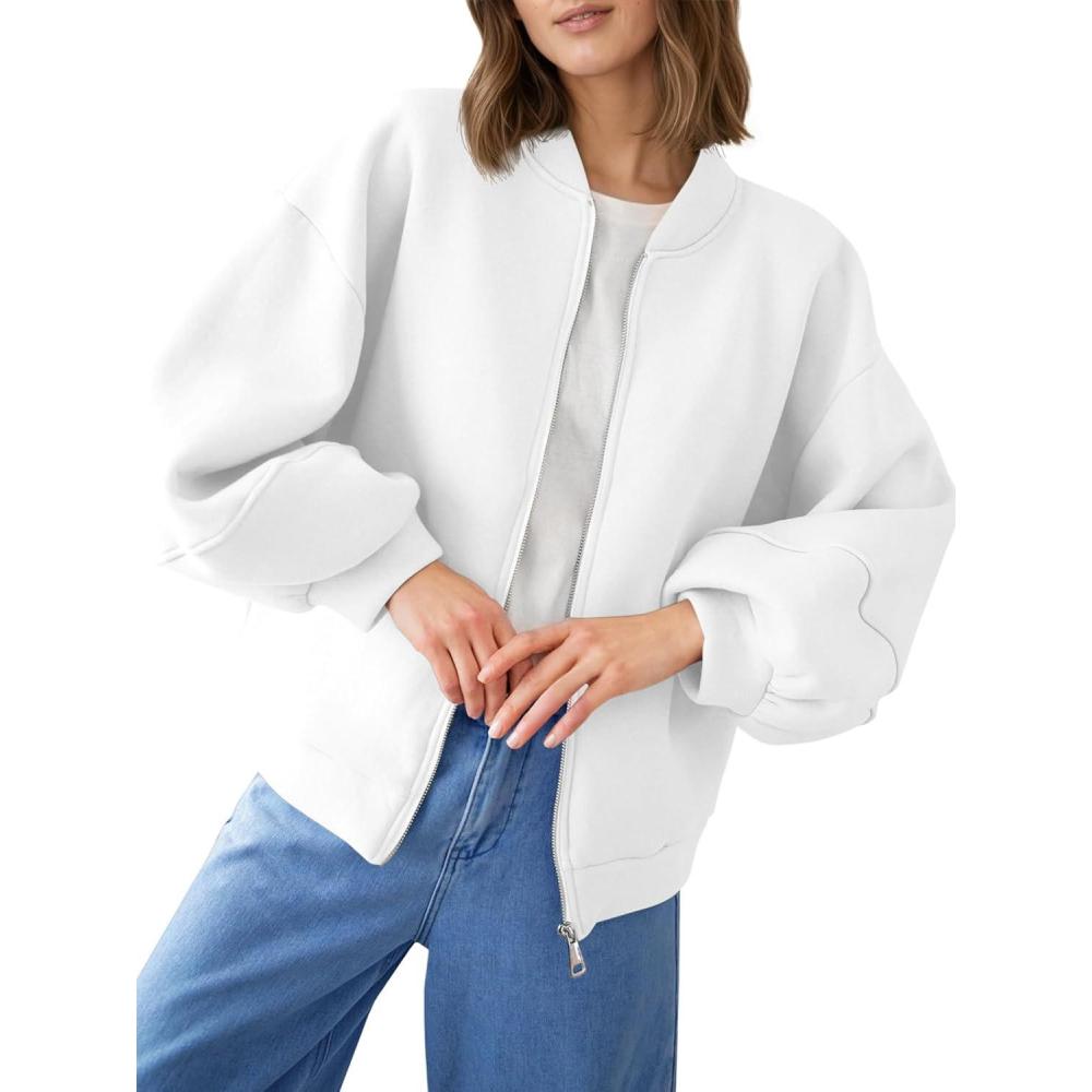 image:imageFisoew Womens Zip Up Sweatshirt Casual Bomber Jacket Lantern Sleeve Oversized Jacket Fall Outfits 2025White