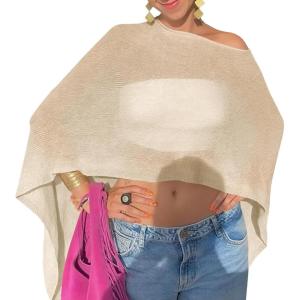 Fisoew Women Sheer Poncho Top Lightweight Knit Crochet Summer Shrug Bolero Off Shoulder Going Out Beach Cover up(Apricot)
