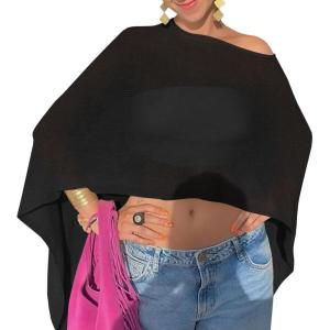 Fisoew Women Sheer Poncho Top Lightweight Knit Crochet Summer Shrug Bolero Off Shoulder Going Out Beach Cover up(Black)