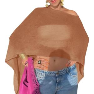 Fisoew Women Sheer Poncho Top Lightweight Knit Crochet Summer Shrug Bolero Off Shoulder Going Out Beach Cover up(Camel)