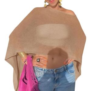 Fisoew Women Sheer Poncho Top Lightweight Knit Crochet Summer Shrug Bolero Off Shoulder Going Out Beach Cover up(Khaki)