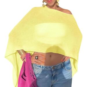 Fisoew Women Sheer Poncho Top Lightweight Knit Crochet Summer Shrug Bolero Off Shoulder Going Out Beach Cover up(Light Yellow)