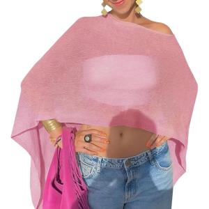 Fisoew Women Sheer Poncho Top Lightweight Knit Crochet Summer Shrug Bolero Off Shoulder Going Out Beach Cover up(Pink)