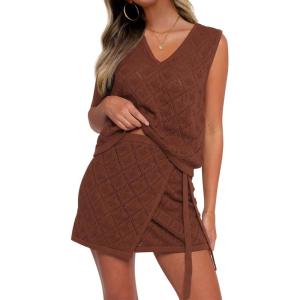 Fisoew Womens 2 Piece Crochet Swimsuit Cover Ups Sleeveless V Neck Tank Tops Wrap Skirt Sets Beach Vacation Outfits(Coffee)
