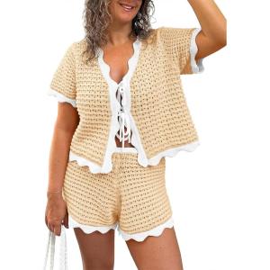 Fisoew Womens 2 Piece Swimsuit Crochet Cover Up Short Sleeve Tops Tie Front Shorts Sets Summer Beach Vacation Outfit(Apricot)