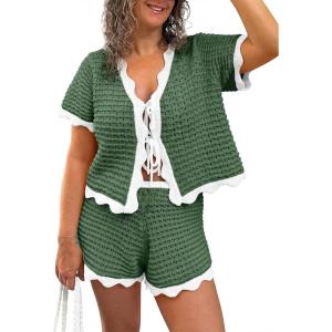 Fisoew Womens 2 Piece Swimsuit Crochet Cover Up Short Sleeve Tops Tie Front Shorts Sets Summer Beach Vacation Outfit(Green)