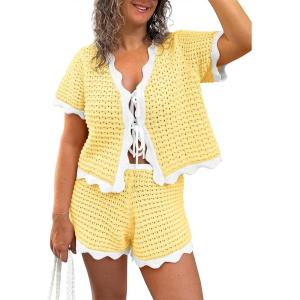 Fisoew Womens 2 Piece Swimsuit Crochet Cover Up Short Sleeve Tops Tie Front Shorts Sets Summer Beach Vacation Outfit(Yellow)