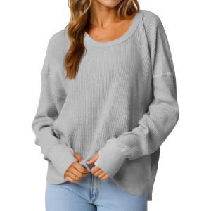 Fisoew Womens Casual Crewneck Sweatshirt Waffle Knit Long Sleeve Side Slit Loose Fit Fall Shirts Tops(Grey)