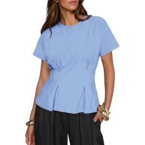 Fisoew Womens Peplum Tops Short Sleeve Babydoll Summer T Shirts Casual Crop Crew Neck Pleated Blouses Blue