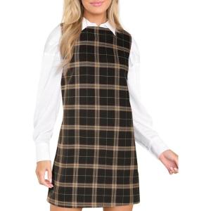 Fisoew Womens Plaid Christmas Mini Dress Fall Sleeveless Crew Neck Xmas Party Overall Dresses Khaki
