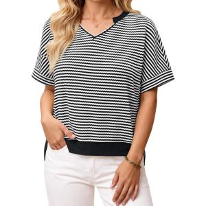 Fisoew Womens Short Sleeve Sweater Summer V Neck Striped Pullover Tops Casual High Low Loose Slit Cropped T Shirts(Black)