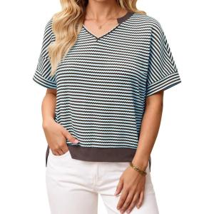 Fisoew Womens Short Sleeve Sweater Summer V Neck Striped Pullover Tops Casual High Low Loose Slit Cropped T Shirts(Blue)