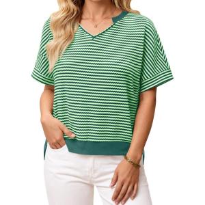 Fisoew Womens Short Sleeve Sweater Summer V Neck Striped Pullover Tops Casual High Low Loose Slit Cropped T Shirts(Green)