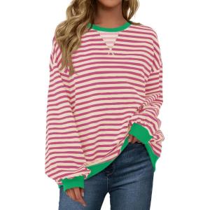 Fisoew Womens Striped Oversized Sweatshirt Color Block Crew Neck Long Sleeve Shirt Casual Loose Pullover Top Y2K Clothes(Rose Red)