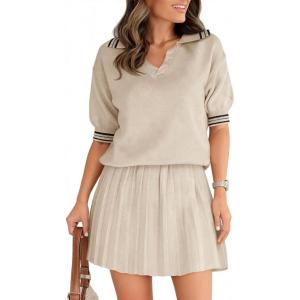 Fisoew Womens Summer 2 Piece Skirt Sets Short Sleeve V Neck Knit Sweater Tops Pleated Mini Skirt Casual Lounge Sets(Apricot)