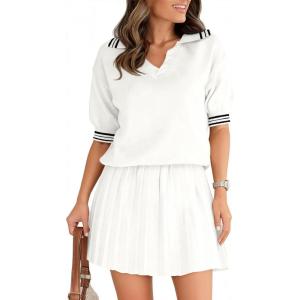 Fisoew Womens Summer 2 Piece Skirt Sets Short Sleeve V Neck Knit Sweater Tops Pleated Mini Skirt Casual Lounge Sets(White)