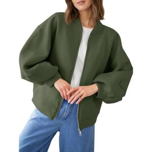 Fisoew Womens Zip Up Sweatshirt Casual Bomber Jacket Lantern Sleeve Oversized Jacket Fall Outfits 2025(Army Green)