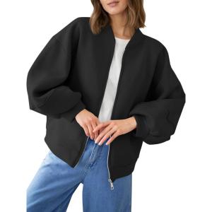 Fisoew Womens Zip Up Sweatshirt Casual Bomber Jacket Lantern Sleeve Oversized Jacket Fall Outfits 2025(Black)