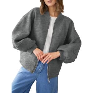 Fisoew Womens Zip Up Sweatshirt Casual Bomber Jacket Lantern Sleeve Oversized Jacket Fall Outfits 2025(Dark Grey)