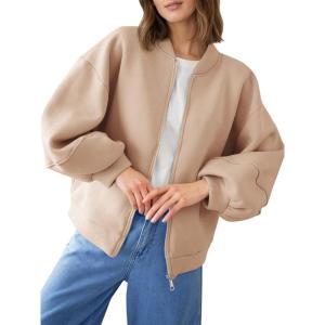 Fisoew Womens Zip Up Sweatshirt Casual Bomber Jacket Lantern Sleeve Oversized Jacket Fall Outfits 2025(Khaki)