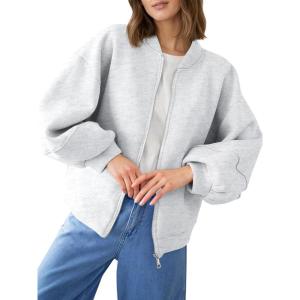Fisoew Womens Zip Up Sweatshirt Casual Bomber Jacket Lantern Sleeve Oversized Jacket Fall Outfits 2025(Light Grey)