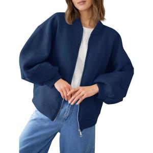 Fisoew Womens Zip Up Sweatshirt Casual Bomber Jacket Lantern Sleeve Oversized Jacket Fall Outfits 2025(Navy)
