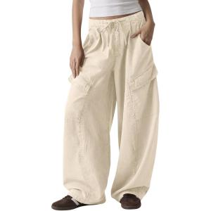 Fisoew Womens Barrel Baggy Cargo Pants Elastic Waist Wide Leg Casual Pants Y2K Streetwear with Multi Pockets 2026