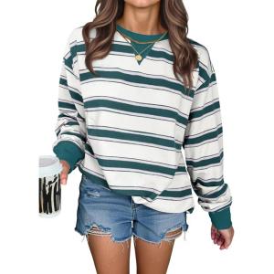 Fisoew Womens Striped Oversized Sweatshirt Casual Crewneck Long Sleeve Shirts Fall Loose Pullover Tops(Dark Green)