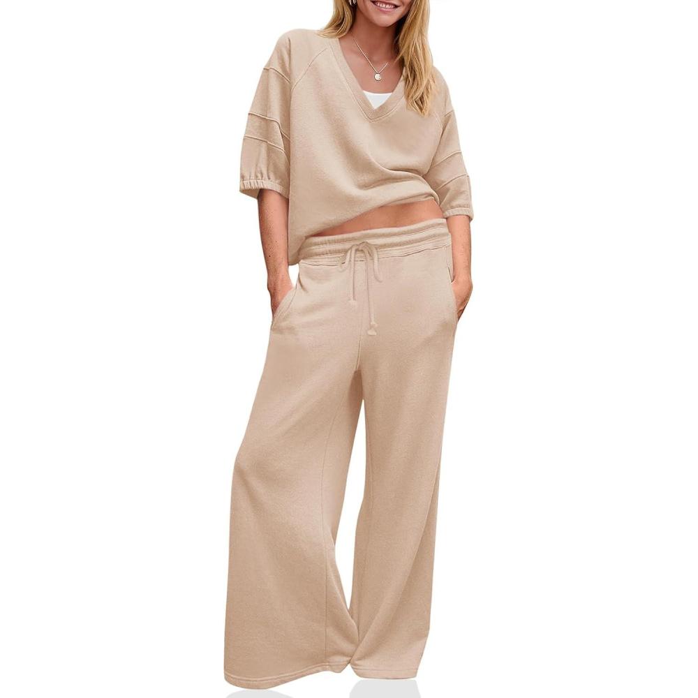 image:imageFisoew Womens 2 Piece Outfits Casual V Neck Shirts Wide Leg Running Long Pants Loose Workout Tracksuit SetsKhaki
