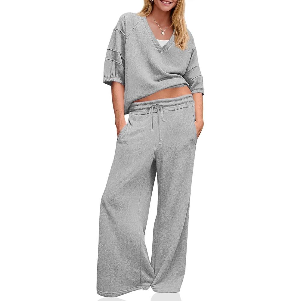 image:imageFisoew Womens 2 Piece Outfits Casual V Neck Shirts Wide Leg Running Long Pants Loose Workout Tracksuit SetsLight Grey