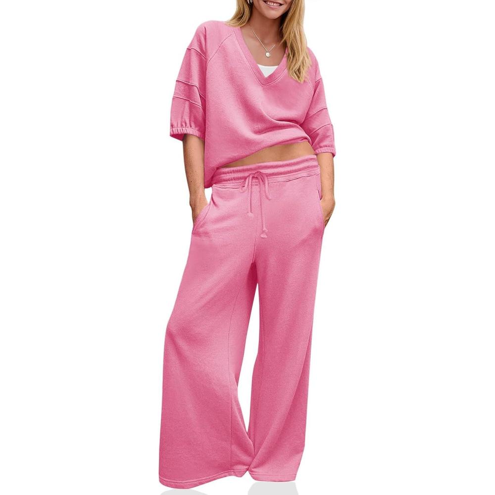 image:imageFisoew Womens 2 Piece Outfits Casual V Neck Shirts Wide Leg Running Long Pants Loose Workout Tracksuit SetsPink
