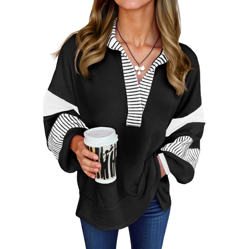 image:imageFisoew Womens Color Block Oversized Sweatshirt Polo V Neck Long Sleeve Shirts Casual Loose Pullover TopsBlack