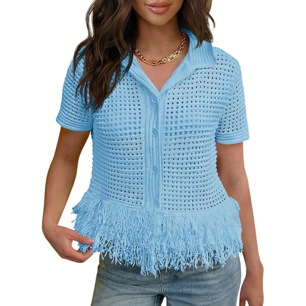 image:imageFisoew Womens Crochet Cardigan Short Sleeve Fringe Collared Button Up Sweater Tops Boho 2026 Summer Vacation ShirtsBlue