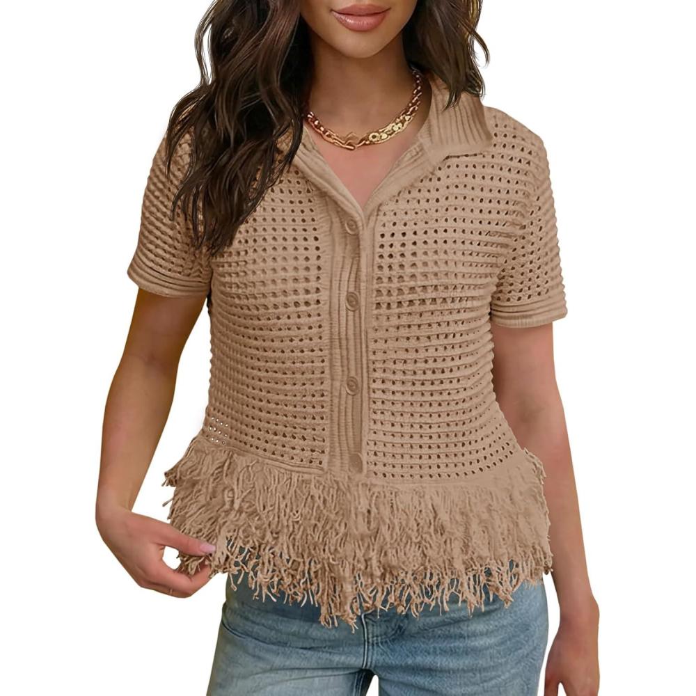 image:imageFisoew Womens Crochet Cardigan Short Sleeve Fringe Collared Button Up Sweater Tops Boho 2026 Summer Vacation ShirtsKhaki