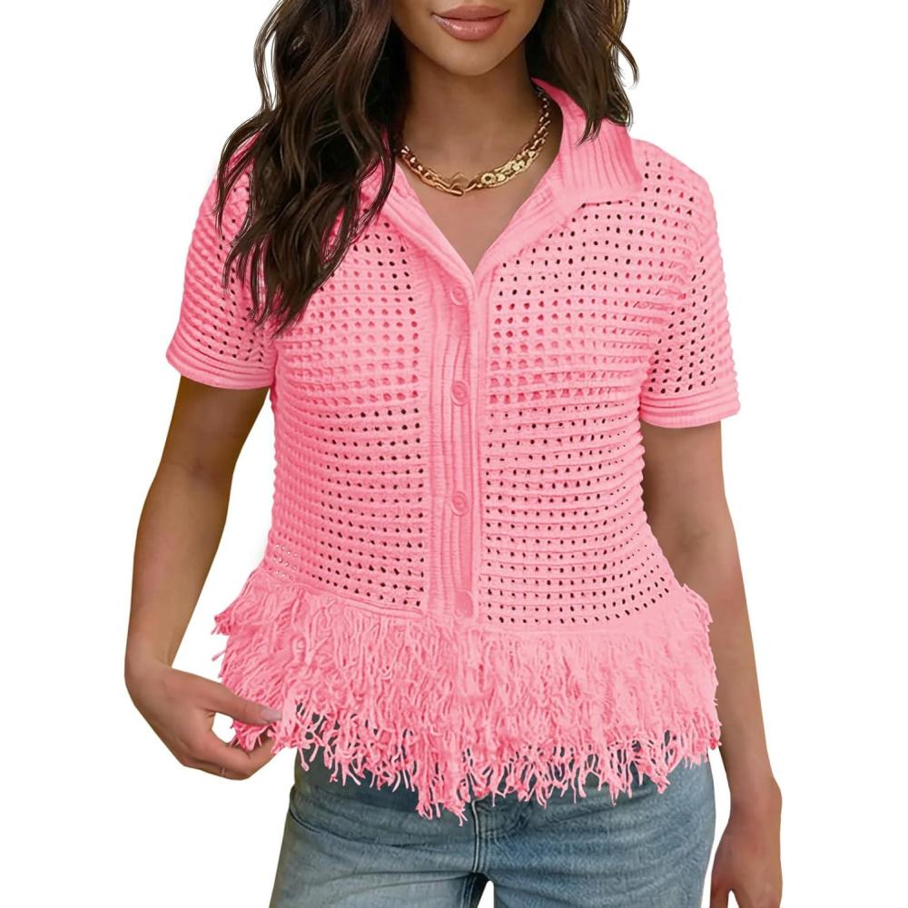 image:imageFisoew Womens Crochet Cardigan Short Sleeve Fringe Collared Button Up Sweater Tops Boho 2026 Summer Vacation ShirtsPink