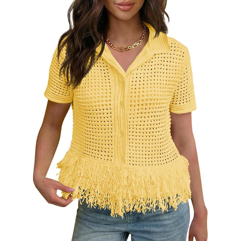 image:imageFisoew Womens Crochet Cardigan Short Sleeve Fringe Collared Button Up Sweater Tops Boho 2026 Summer Vacation ShirtsYellow
