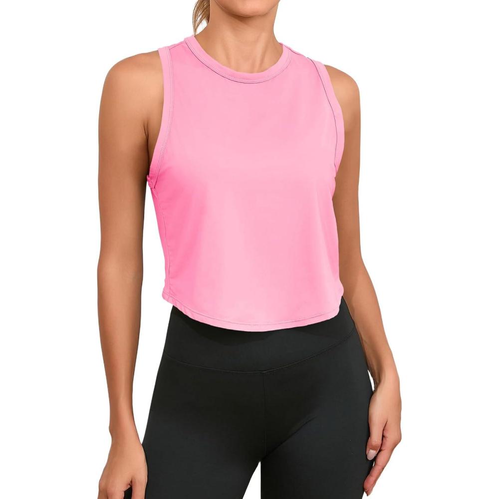 image:imageFisoew Womens Workout Cropped Tank Tops Racerback Sleeveless Crewneck Running Yoga Active ShirtsLight Pink